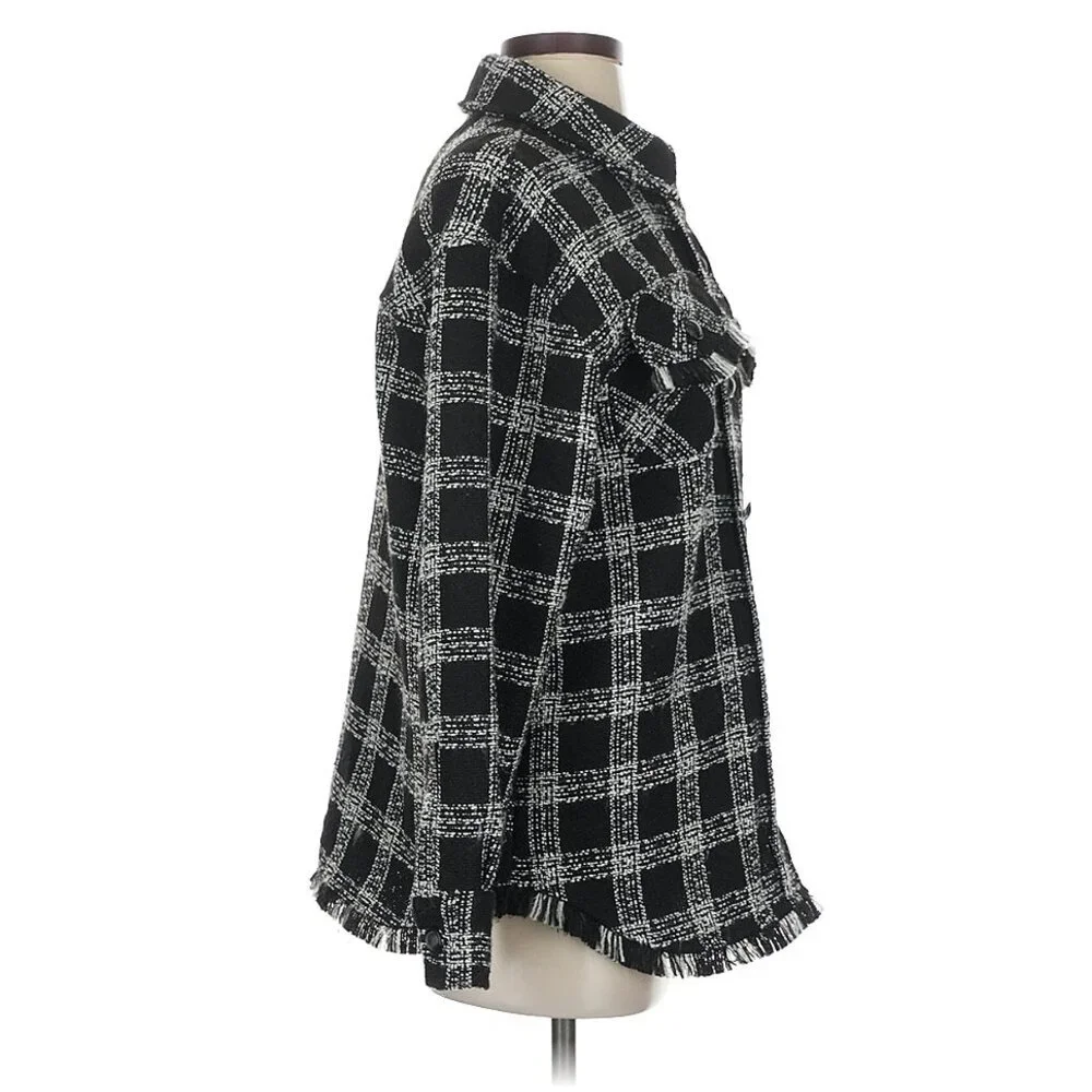 House of Harlowe 1960 black white plaid fringe trim shacket jacket size S - Picture 3 of 7